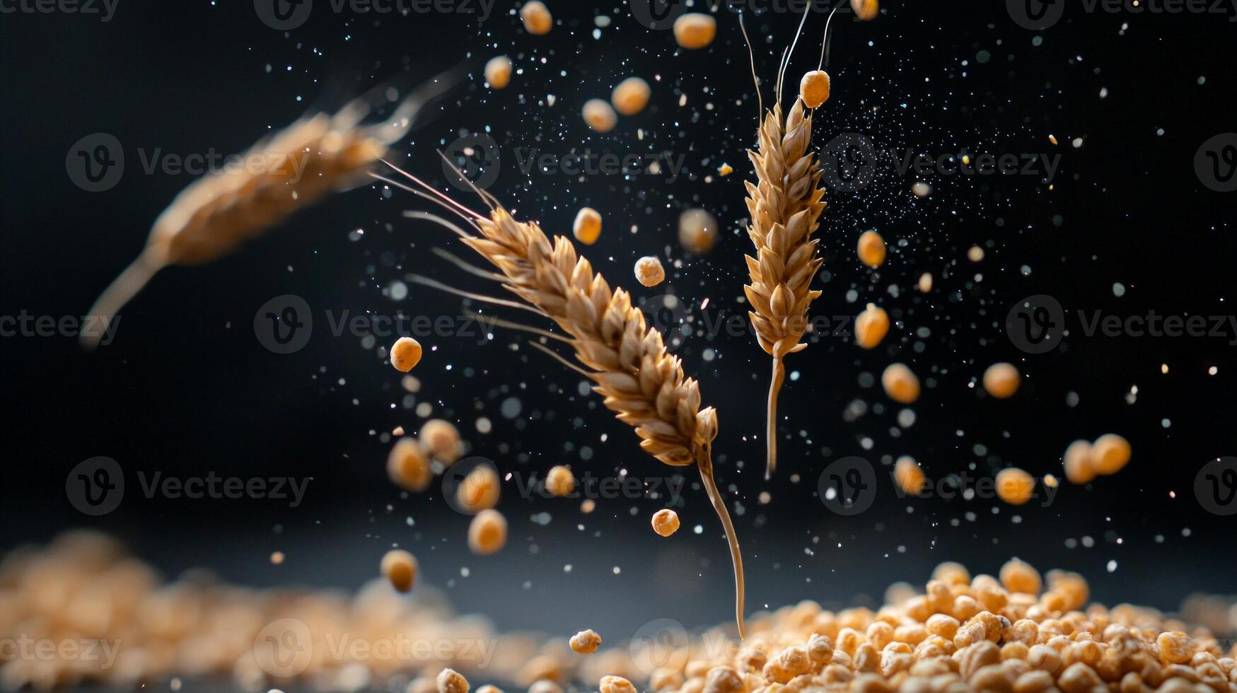 Wheat groats are captured mid air highlighting their unique shapes and texture dark backdrop emphasizing their natural beauty and separation. photo