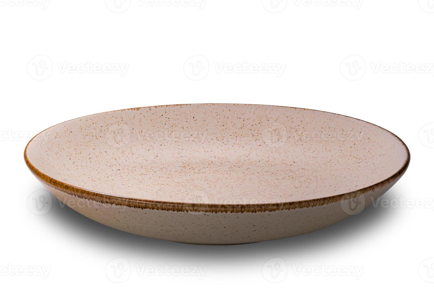 High angle view of empty spotted brown ceramic bowl with dark edge isolated on white background with clipping path. photo