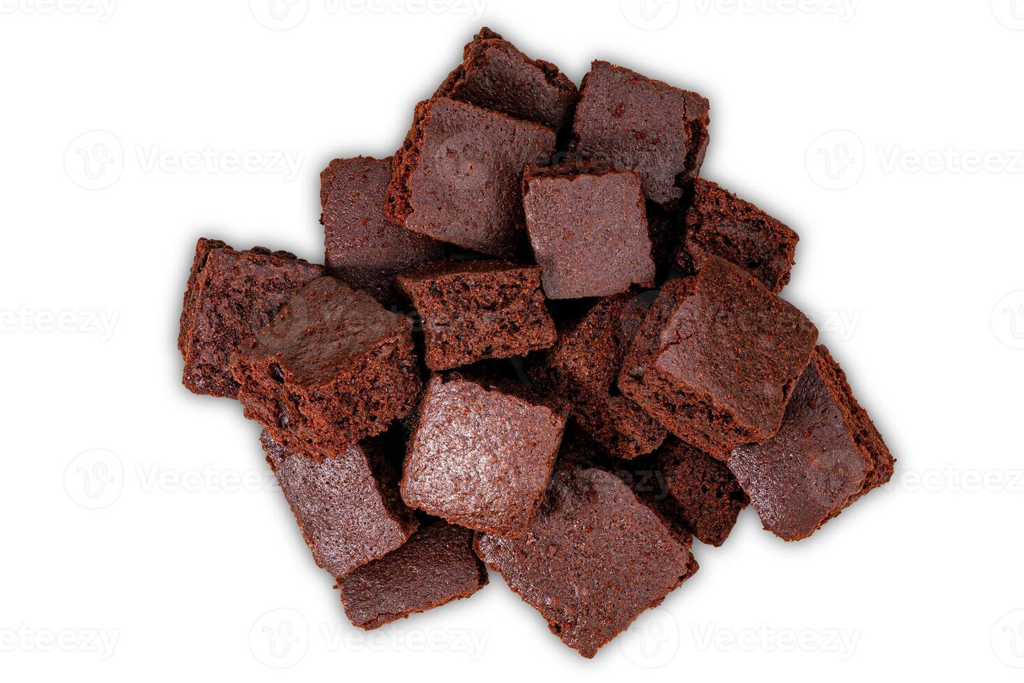 Top view pile of sweet crispy brownie chocolate cube isolated on white background with clipping path. photo
