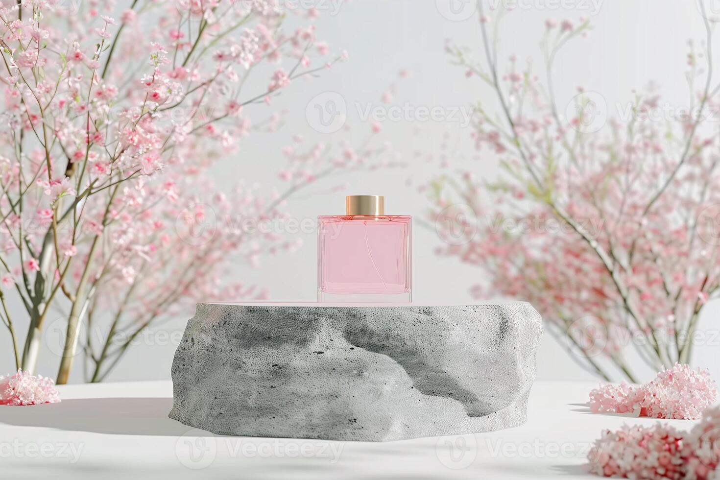 A mock-up of a pink perfume bottle in close-up on a podium made of gray stone with blooming cherry branches on the background, bokeh effect. photo