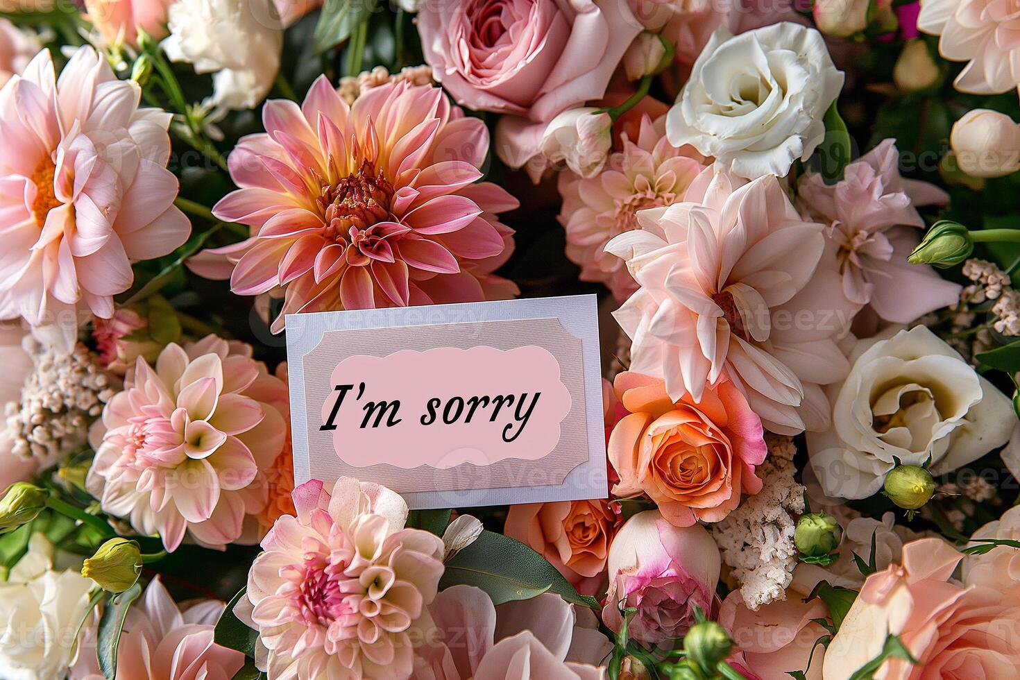 A postcard with a handwritten inscription I'm sorry in a bouquet of beautiful flowers. Bokeh in the background. photo