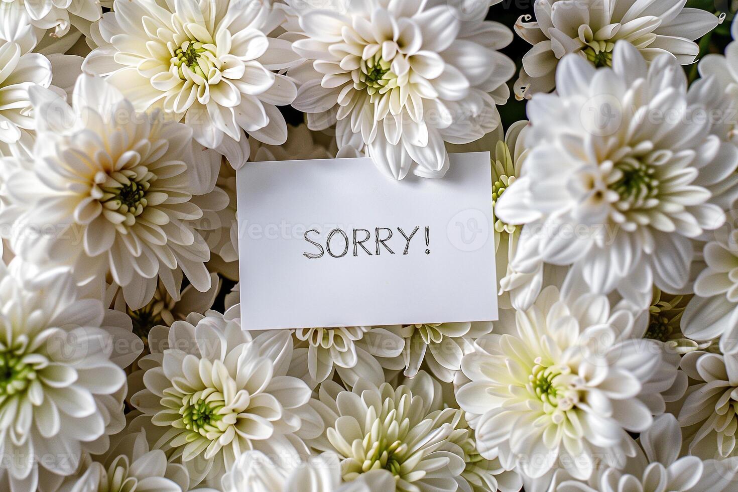 A postcard with a handwritten inscription I'm sorry in a bouquet of beautiful white chrysanthemums. Bokeh in the background. photo