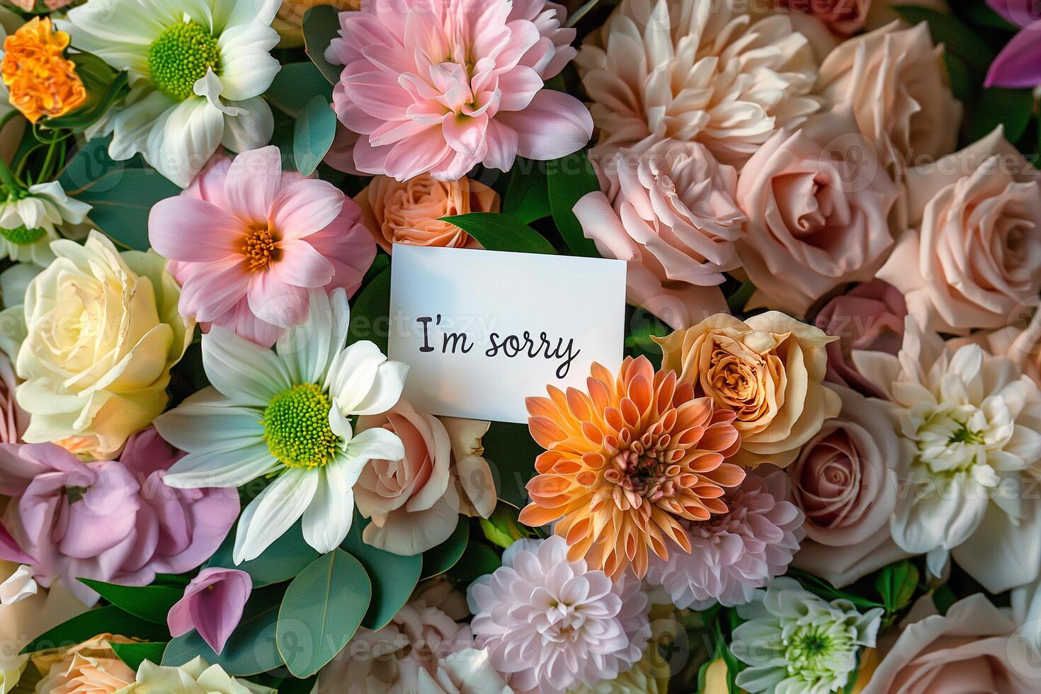 A postcard with a handwritten inscription I'm sorry in a bouquet of beautiful flowers. Bokeh in the background. photo