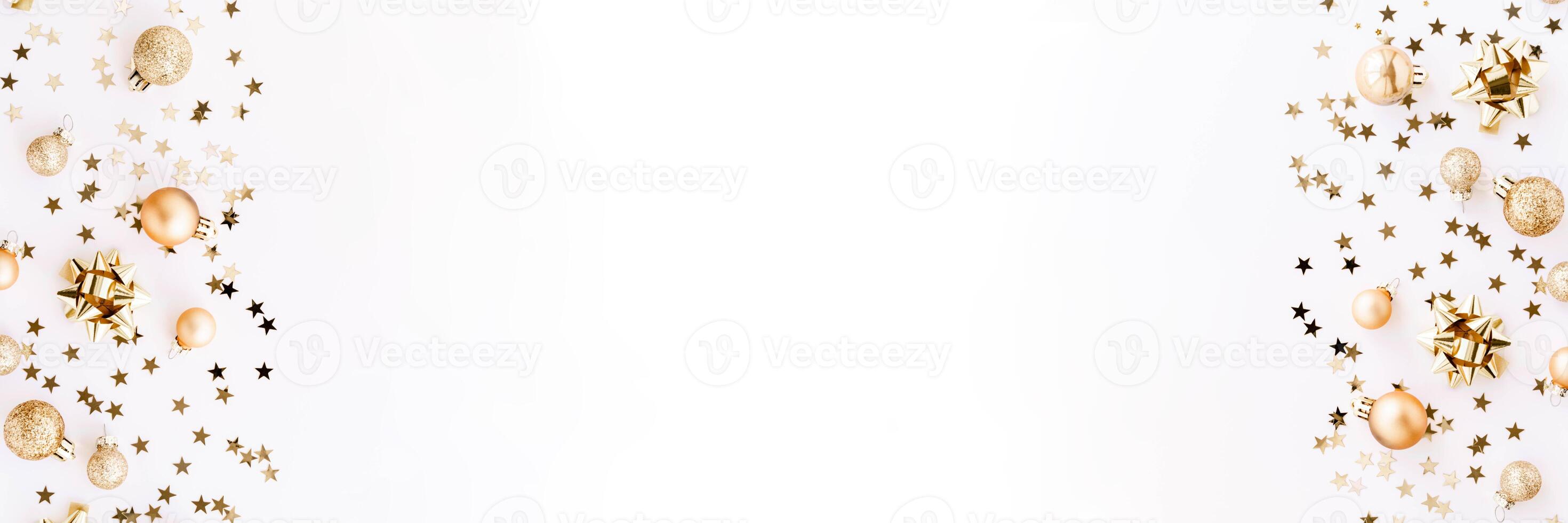 Festive banner arrangement featuring golden Christmas ornaments, glittery baubles, and star-shaped confetti scattered across photo