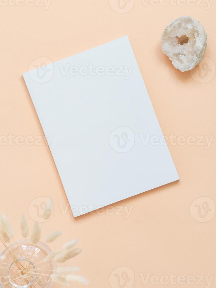 Empty blank white magazine or catalog cover layout, vase and dried grass and white crystal photo