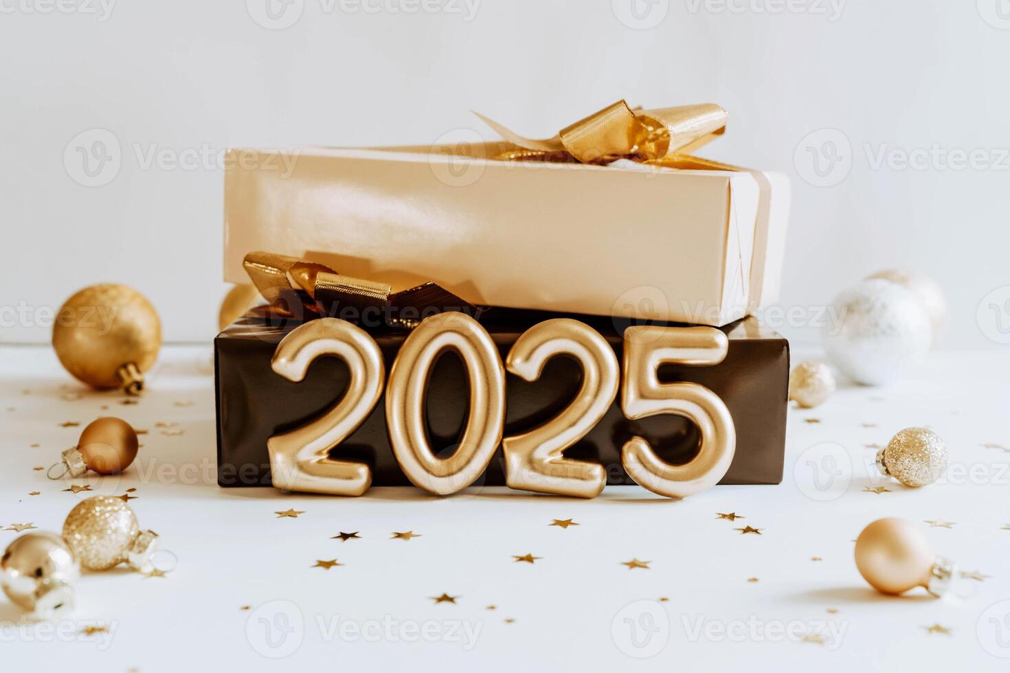 Celebratory front view design with golden 2025 numbers, near gift box with festive decorations, gold stars confetti photo