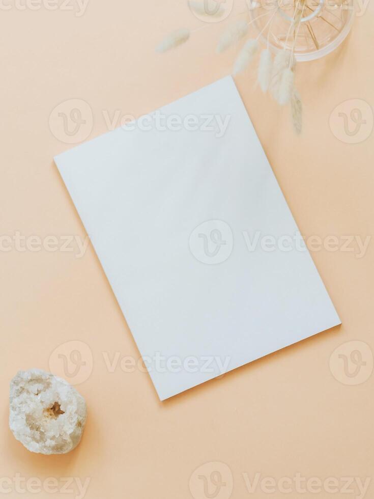 Empty blank white magazine or catalog cover layout, vase and dried grass and white crystal photo
