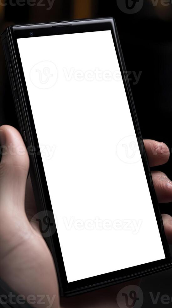 Mockup of Modern Smartphone with Blank White Screen Display in Hand Close-up photo