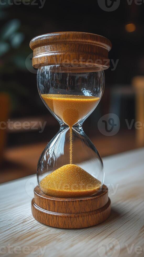 Vintage Wooden Base Hourglass with Golden Sand on White Table photo