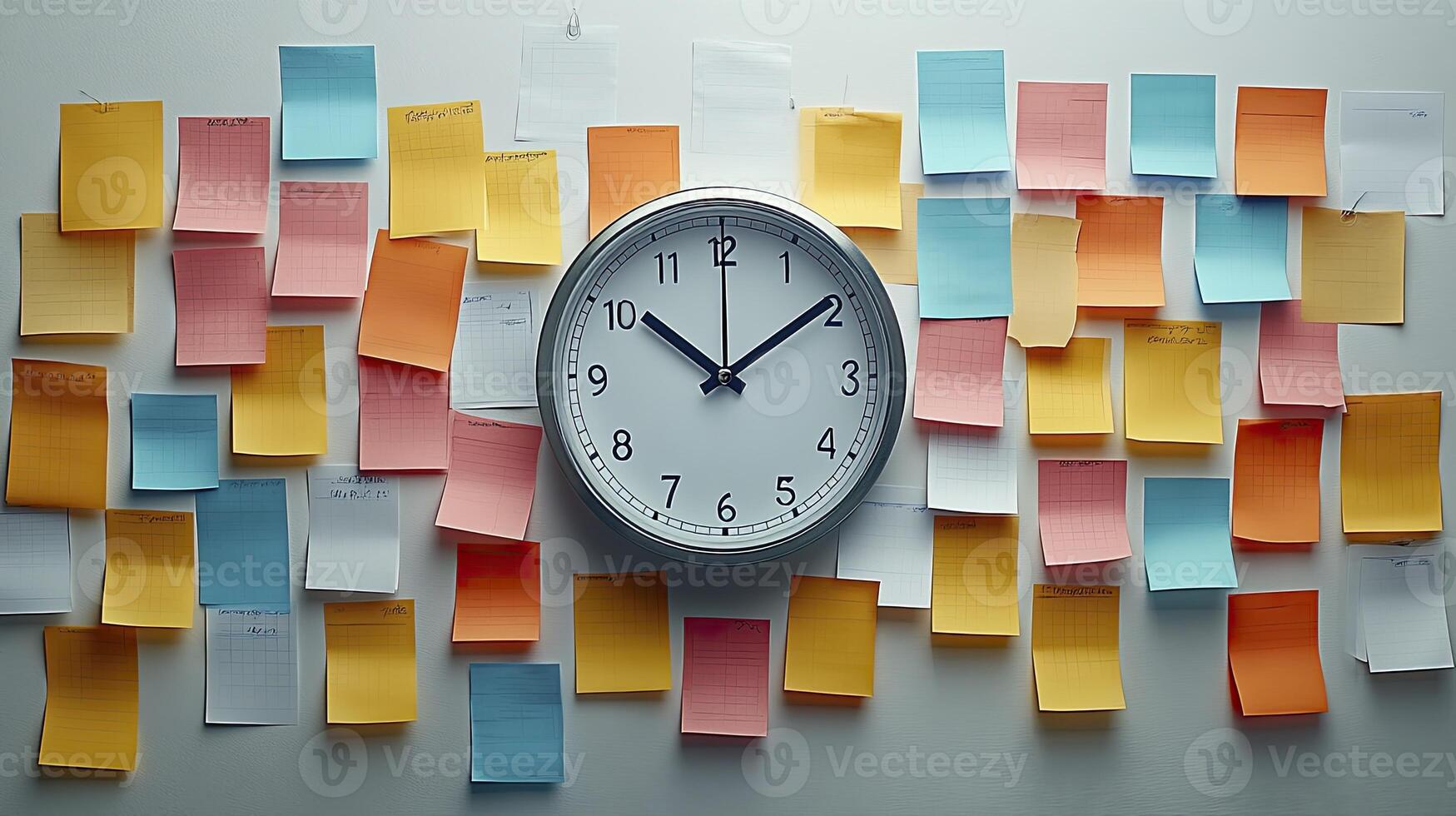 Colorful Sticky Notes Wall with Modern Clock for Time Management and Organization photo
