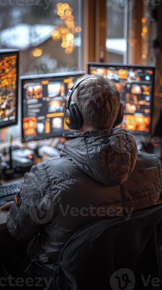 Professional gamer with headphones in dimly lit room with multiple gaming monitors photo