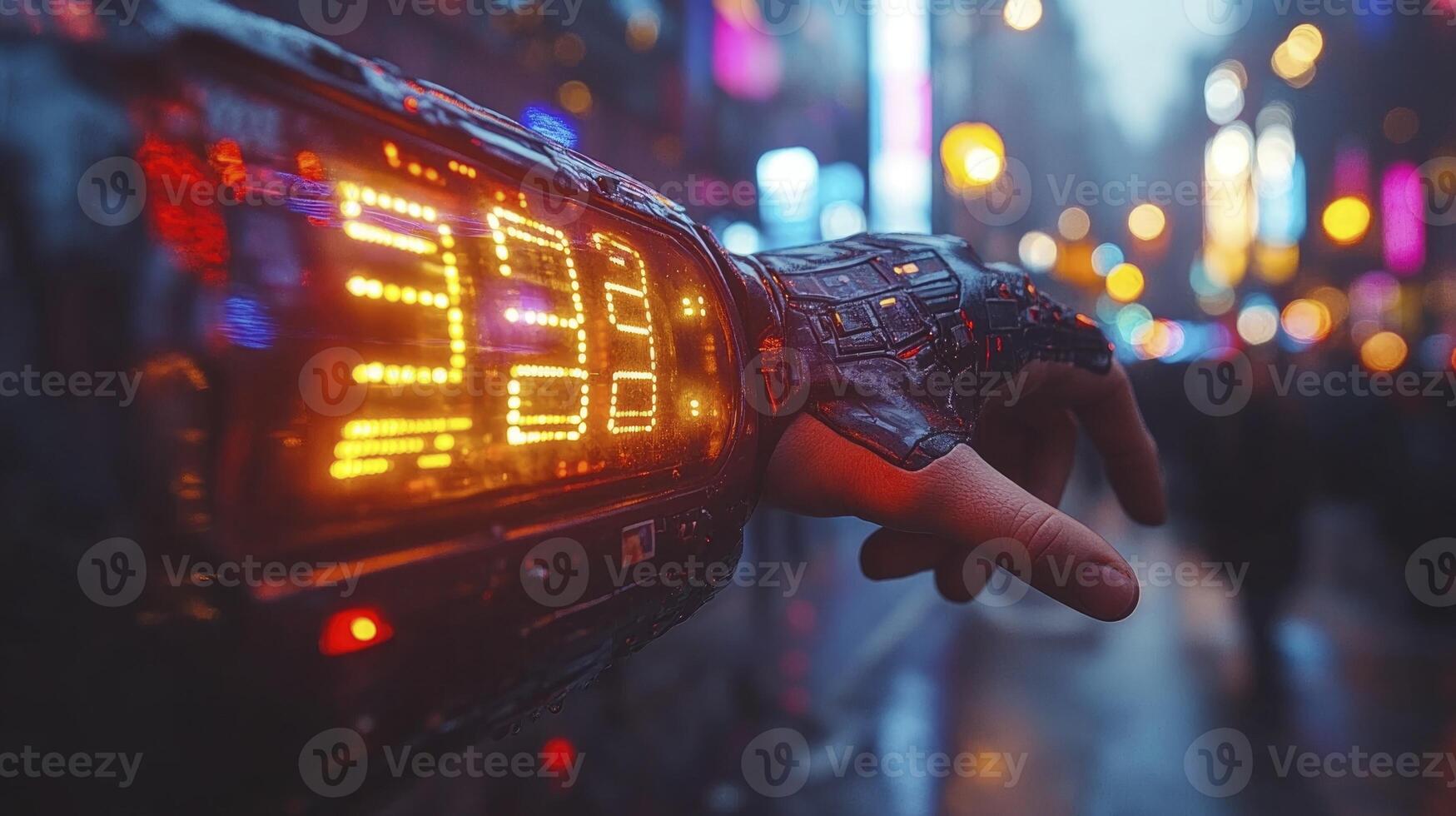 Digital Clock Display in Urban Environment with Neon Lights and City Bokeh Background photo