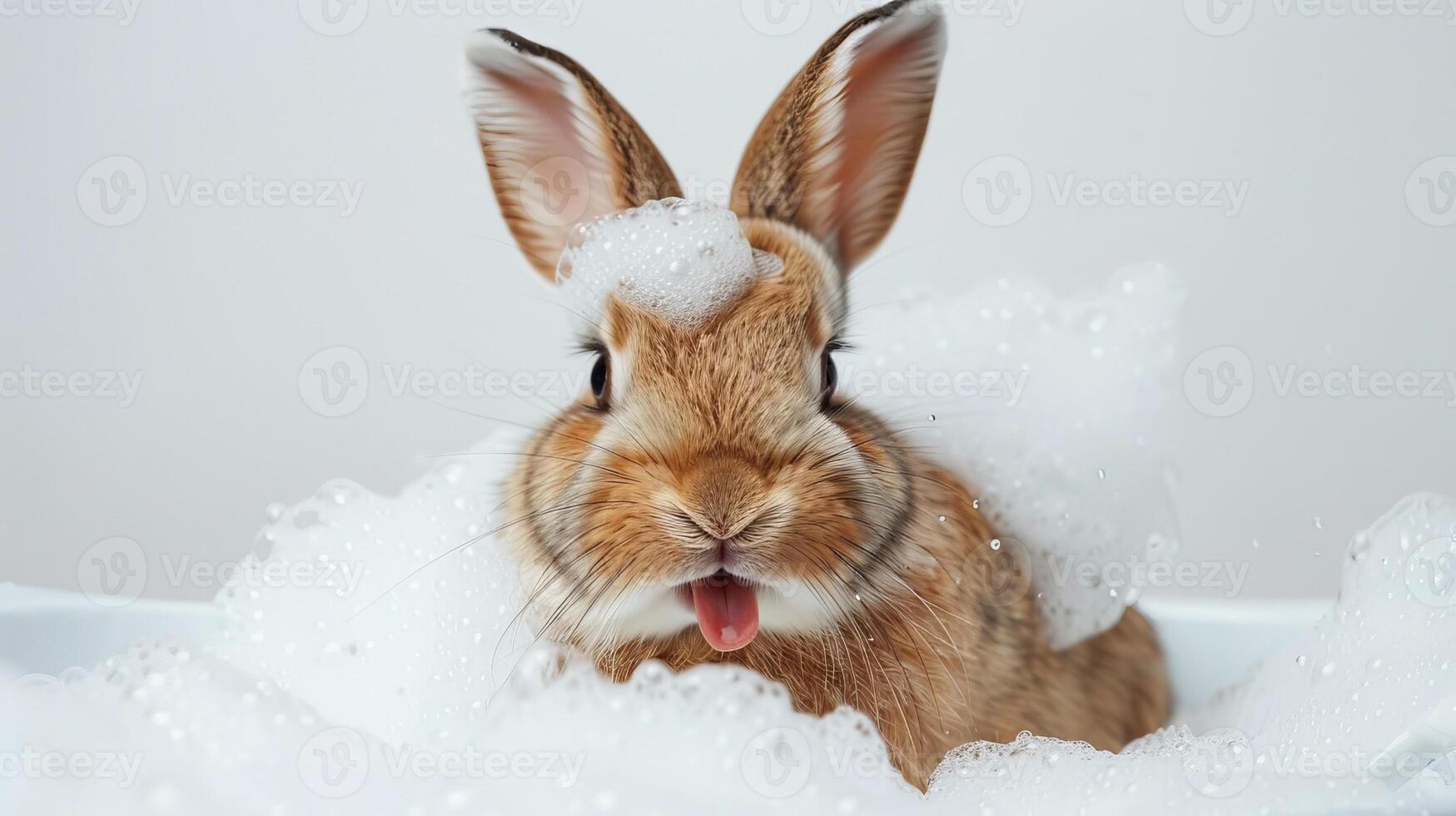 a cute rabbit sits in a bathtub with plenty of foam on his head, isolated background photo