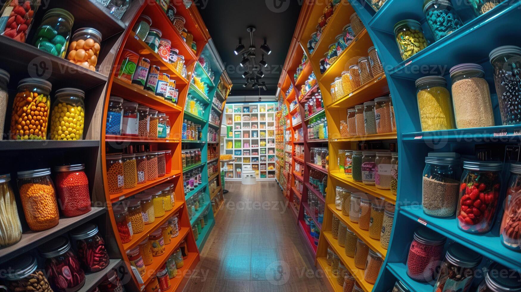 A colorful aisle of jars filled with different types of candy photo