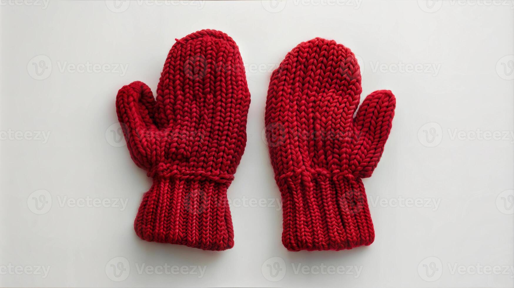 A pair of red knitted mittens on a white surface photo