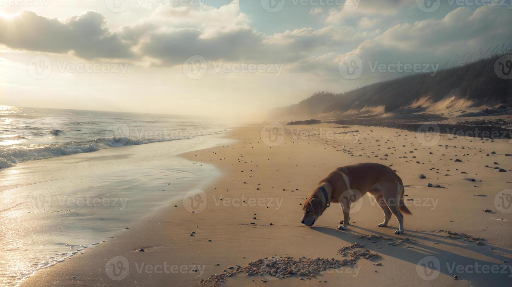 A dog is sniffing the sand on the beach photo