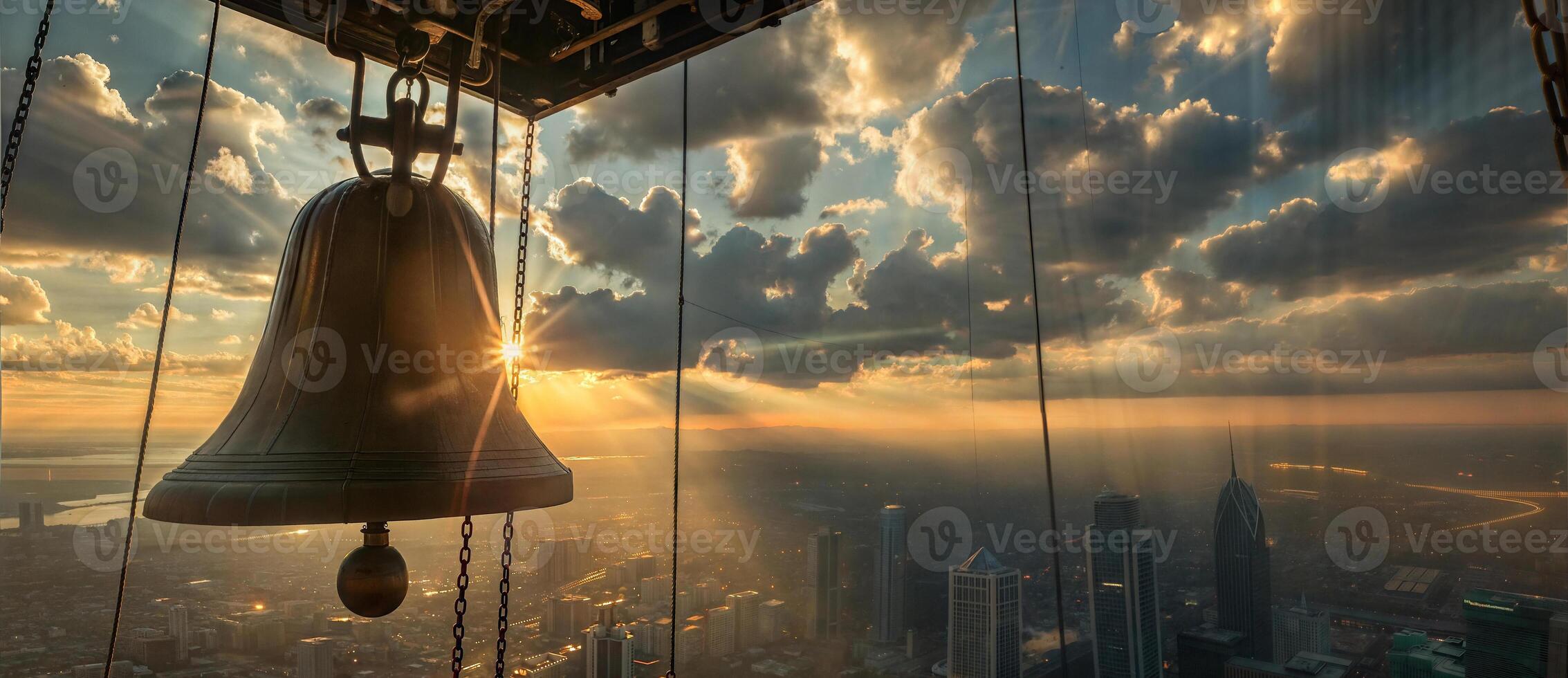 A bell hanging from a building with a city in the background photo