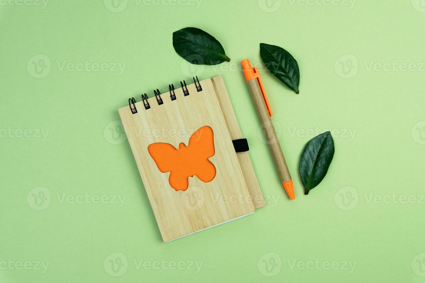 A notebook and pen made of eco friendly materials on a green background. Top view. Flatlay composition. Copy space. photo
