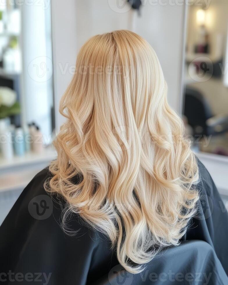 Back view of blonde hair styled with soft curls, creating a voluminous and flowing look, captured in a salon setting. photo