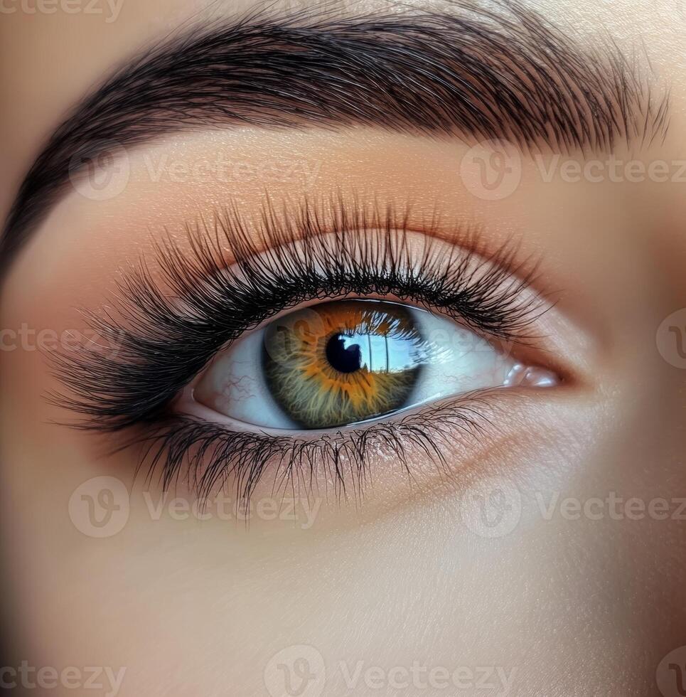 Close-up view of a hazel eye featuring long, natural lashes and a defined eyebrow. Showcases the intricate iris pattern and eye makeup. photo