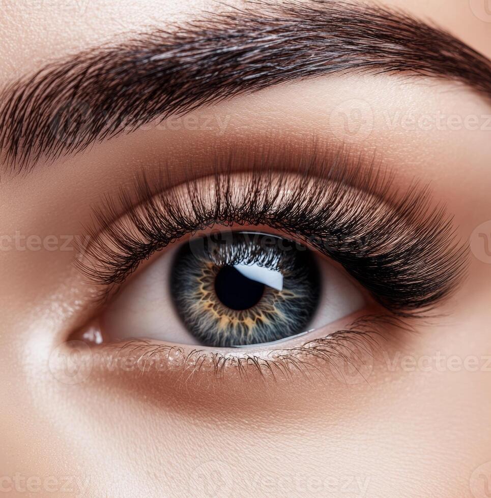 Detailed macro shot of a blue eye with long, curled eyelashes and well-groomed eyebrow. Captures the intricate iris pattern and makeup detail. photo