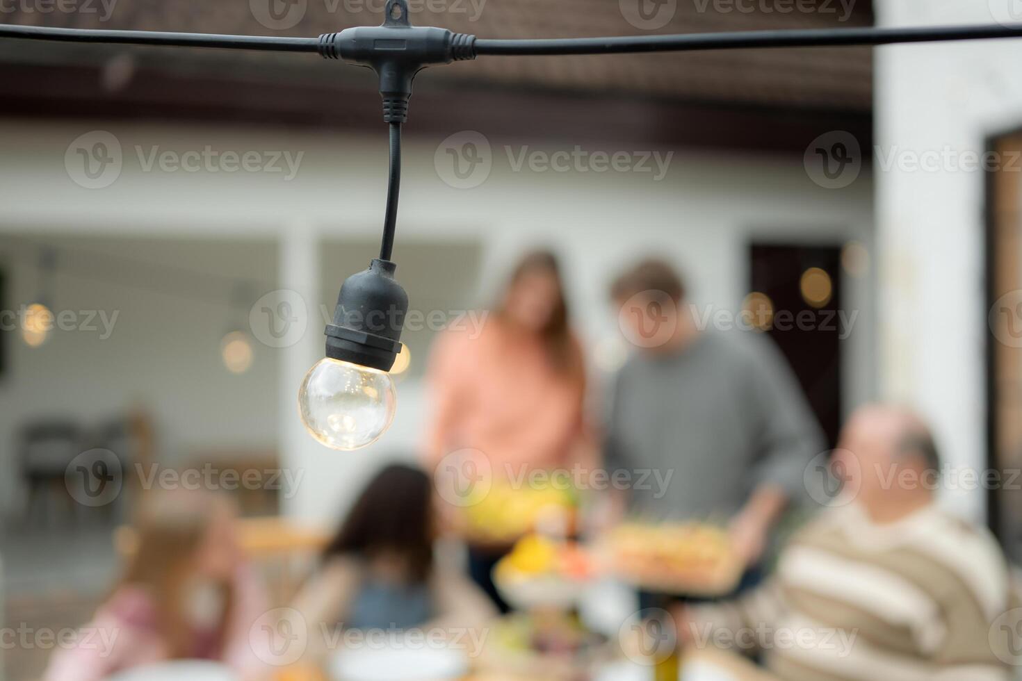 Grandfather, parents, and the teenage girls are all having dinner together at home photo