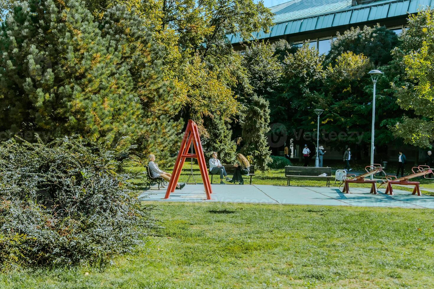 Tranquil wooden bench along the path of a city park. Grove of mature deciduous trees with green lawn make it a magical place to rest. photo