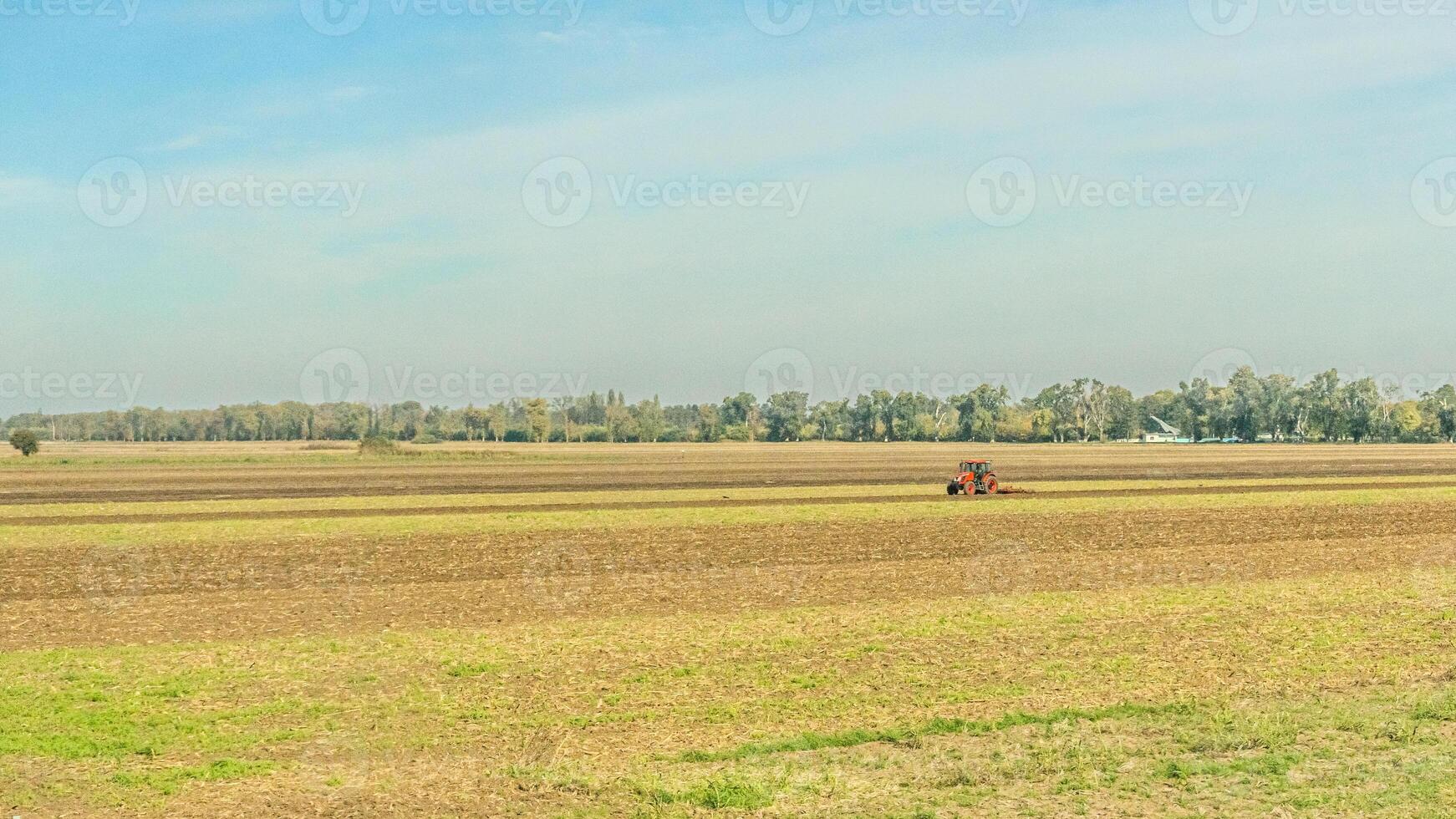 Agricultural fields with young green shoots of grain crops and plowed field without sowing. With trees in the background on the hills. Fallow concept. Alternation. photo