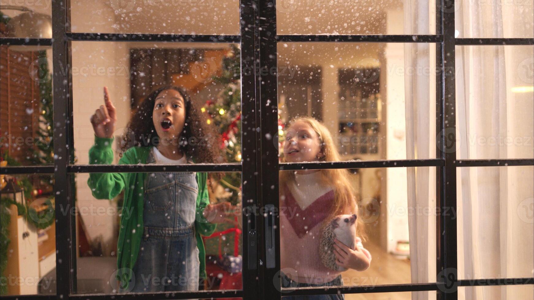 Parents and a teen girl on Christmas night with the first snowfall photo