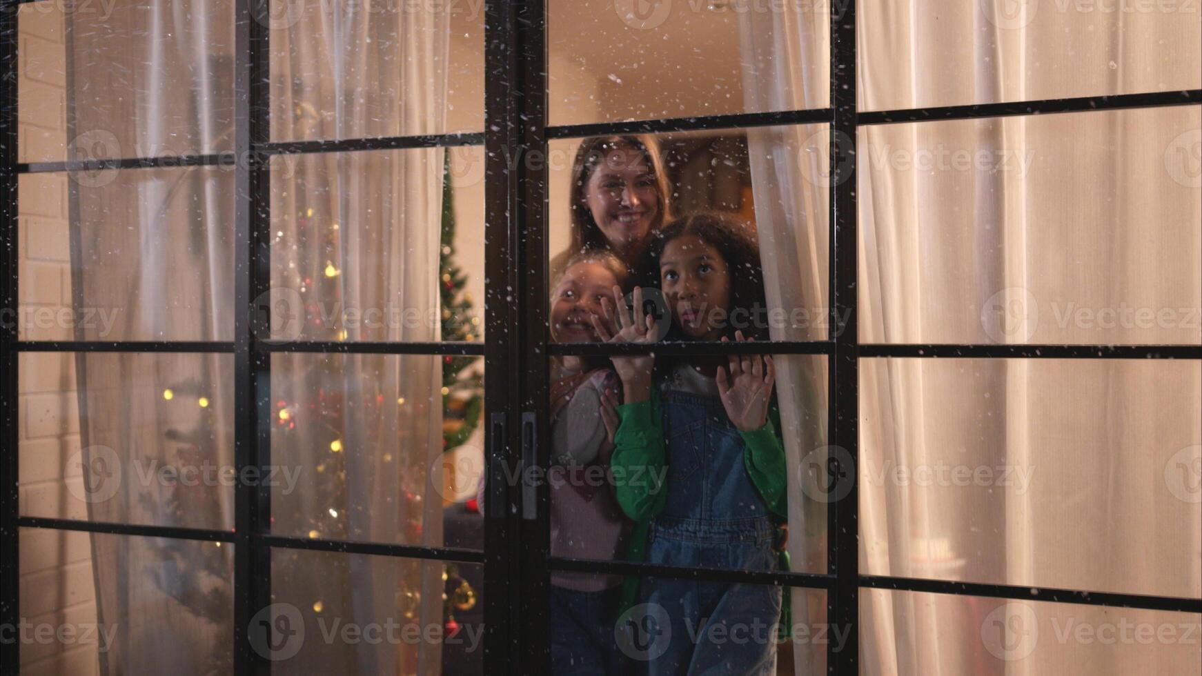 Mother and teen girl on Christmas night with the first snowfall photo