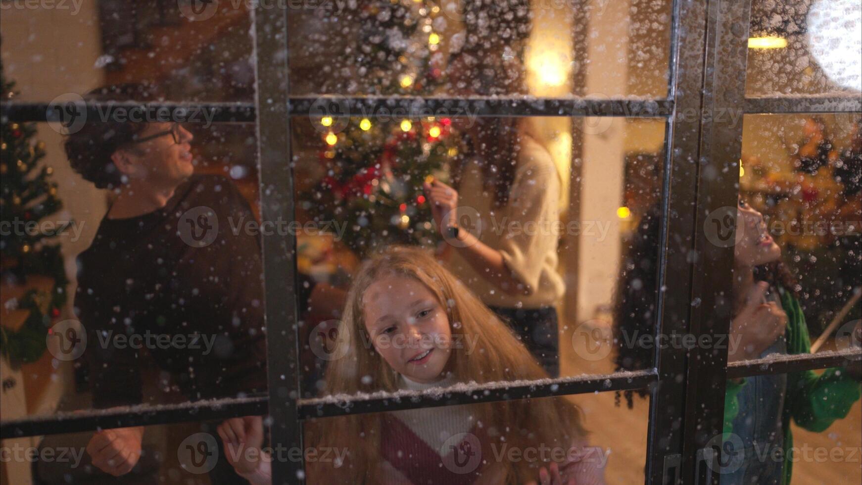 Parents and a teen girl on Christmas night with the first snowfall photo