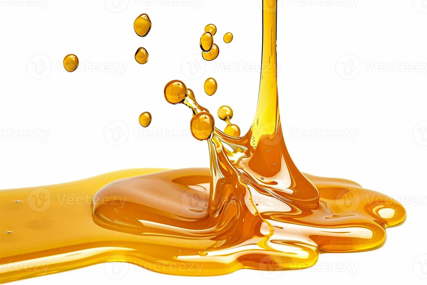Sweet golden honey spill dripping splash on isolated white background photo