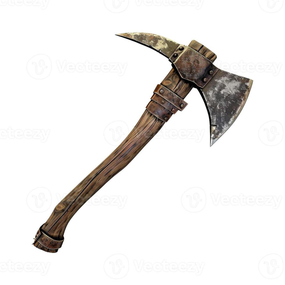 A rusty axe with a wooden handle isolated on white background photo