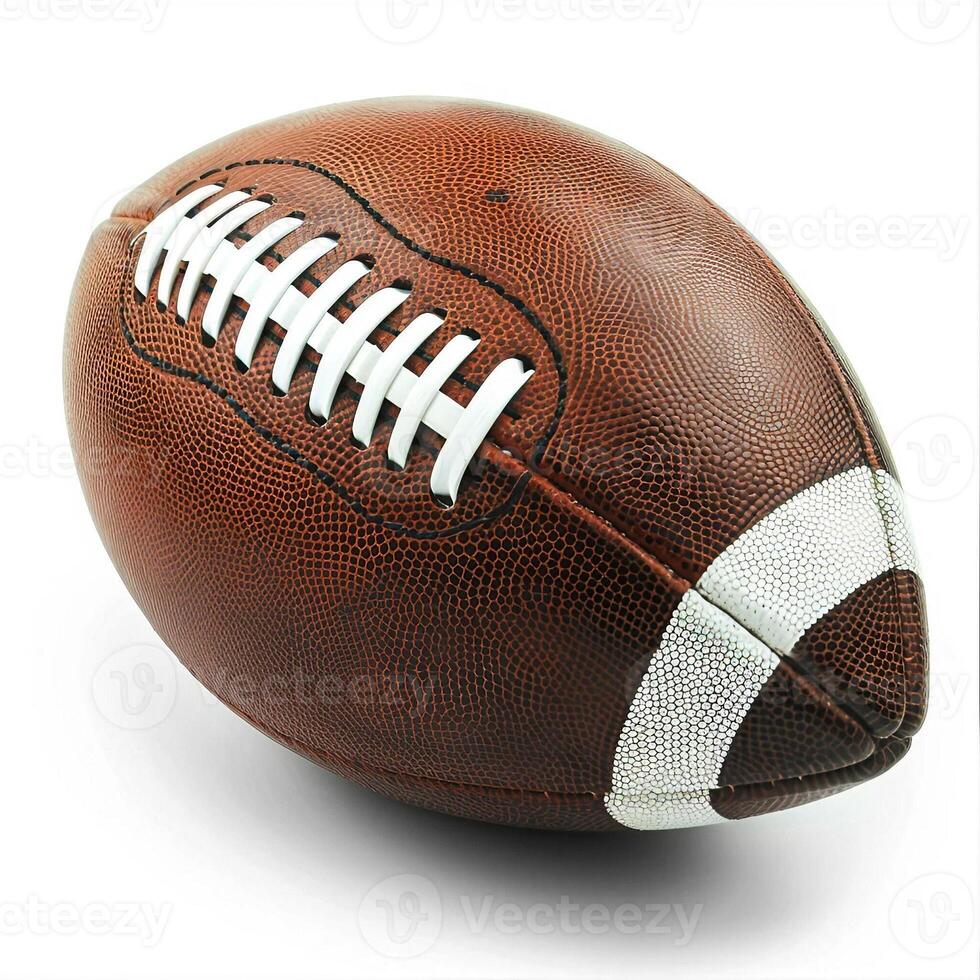 A brown leather American football with white stitching. White background cut out. photo