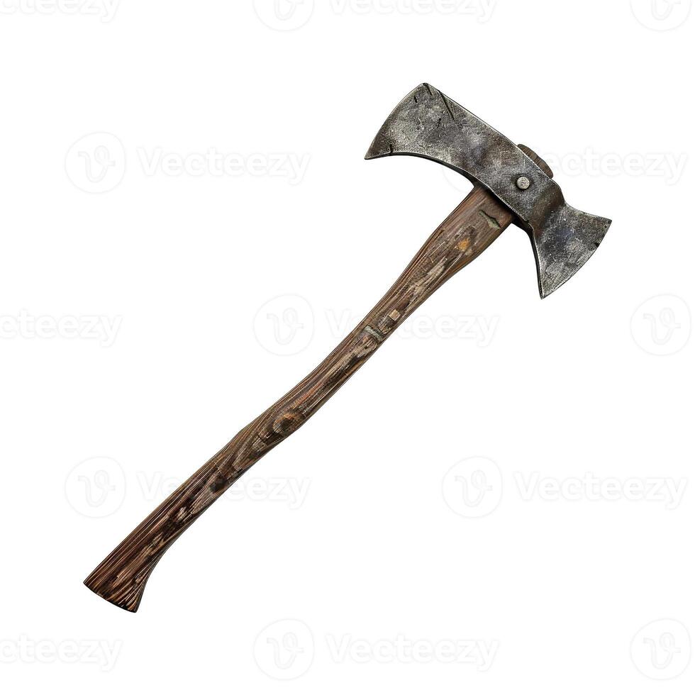 A rusty axe with a wooden handle isolated on white background photo