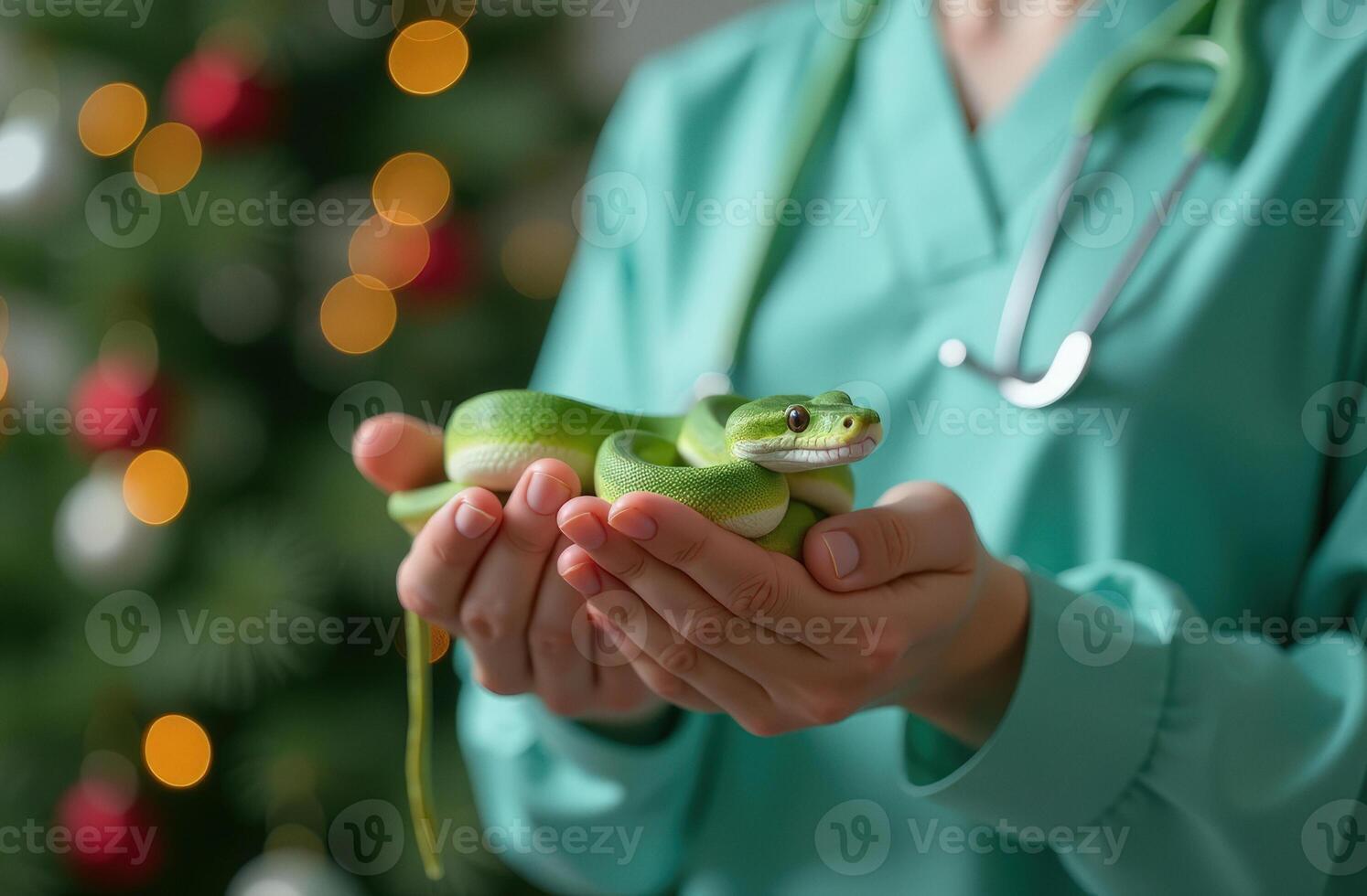 A veterinarian holds a cute green snake in his arms in a green suit against the background of a Christmas tree. The symbol of the new Year photo