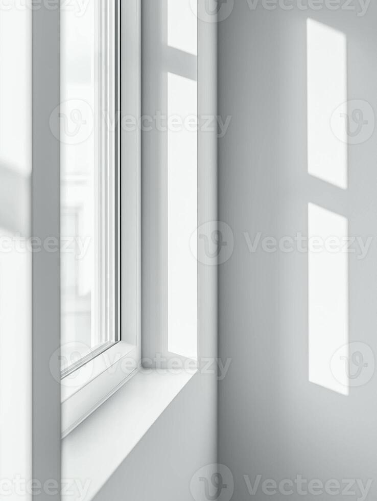 A beautifully serene minimalist setting showcasing a potted plant on the table and soft light gracefully illuminating a white wall photo