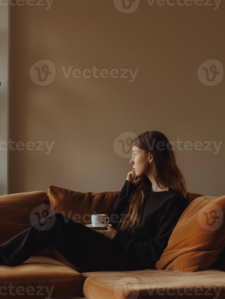 Sitting young woman with mug of coffee or tea woman surrounded by a minimalist interior. Modern phohgraphy with concept of woman's business or working from home photo