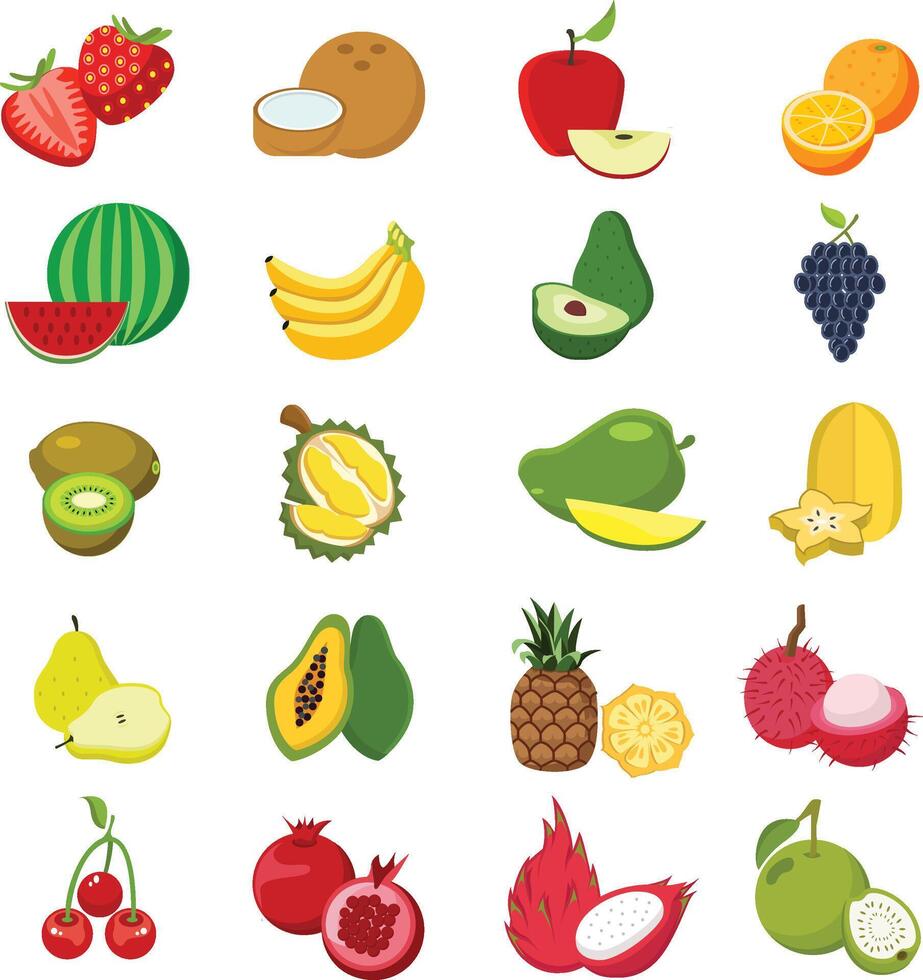 Set of fruits Free Apple Banana Melon Orange Coconut Blueberry Watermelon Cherry Strawberry Grape Pineapple Avocado Mango. vector