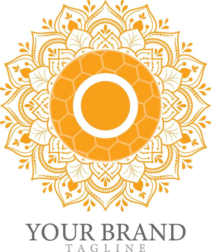 Round ornamental mandala flower design with honey comb orange and white oriental style vector
