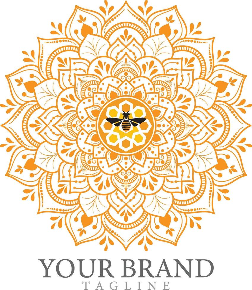 Circular ornamental mandala flower design with bee honey comb orange and white art oriental style vector