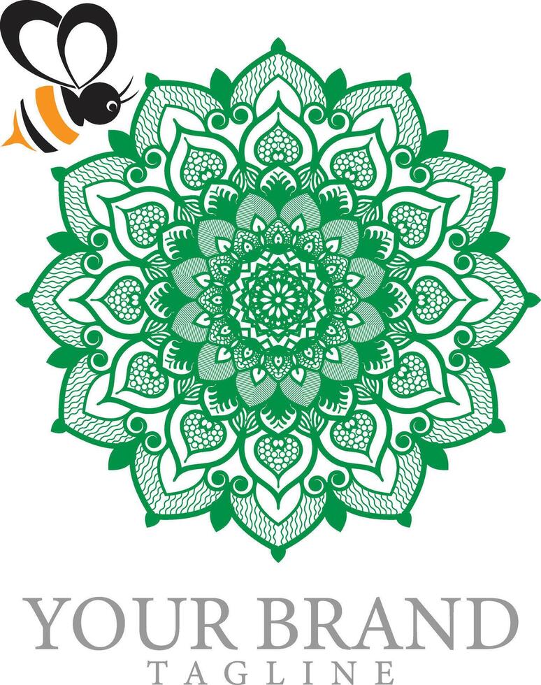 Luxury ornamental mandala design with bee green and white art oriental style. vector