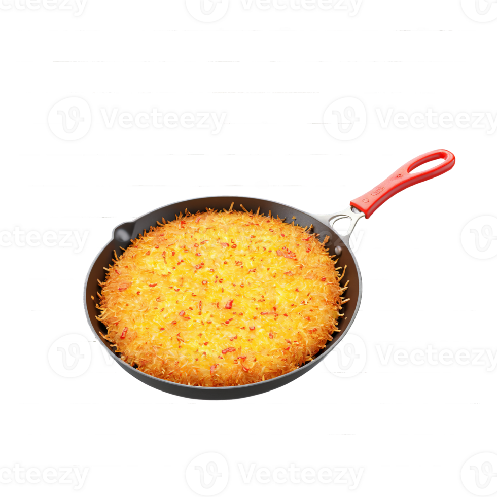 Hash browns crispy golden shreds in glass skillet ketchup dots Food and Culinary concept png