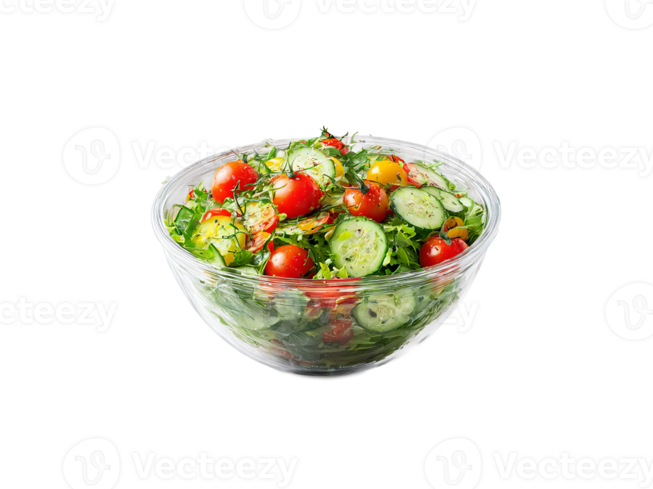 Salad fresh mixed greens with cherry tomatoes cucumbers and a drizzle of balsamic vinaigrette served png