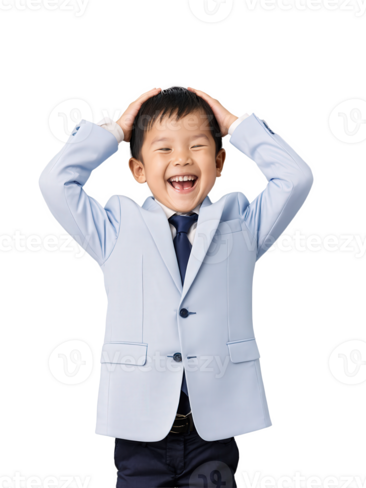 Asian Child Laughing with Hands on Head An Asian child laughing with hands placed on head, eyes shut in joy, png