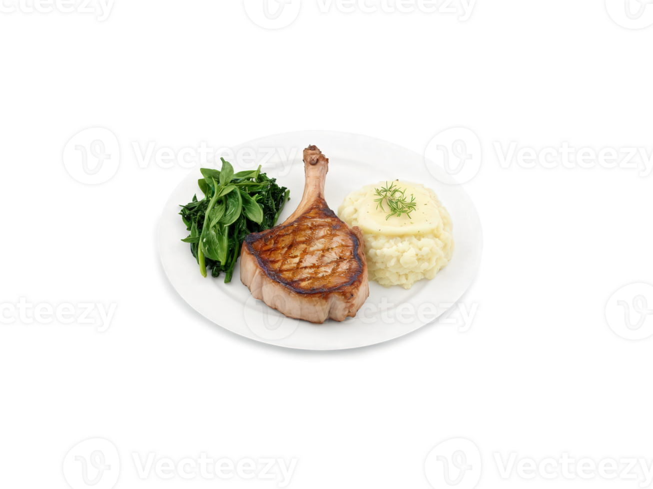 Pork Chops Bone-in pork chops grilled or pan-fried to golden perfection, seasoned with a blend of herbs and spices. Served png