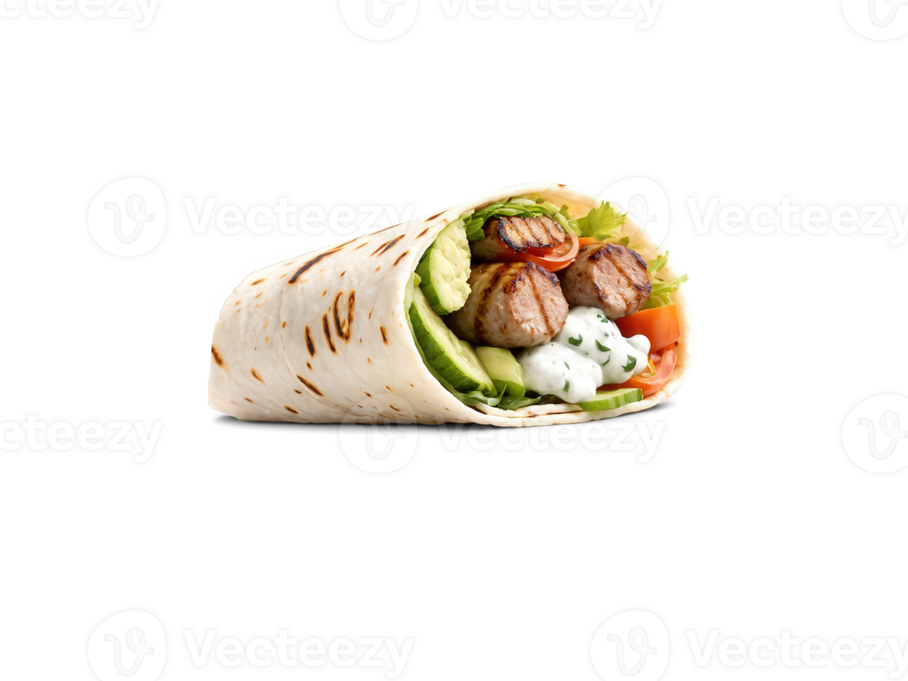 Grilled Souvlaki in a soft wrap with fresh veggies and tzatziki sauce, golden brown and green hues, png