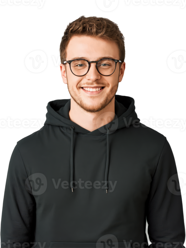 Happy young man in glasses, wearing a casual hoodie, transparent background, natural lighting. png