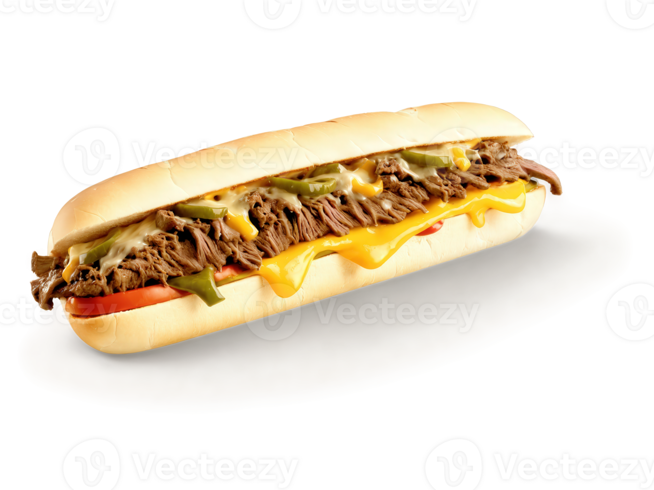 Juicy Cheesesteak Sandwich with thinly sliced beef, melted cheese, and peppers, vibrant brown, yellow, and green hues, isolated png