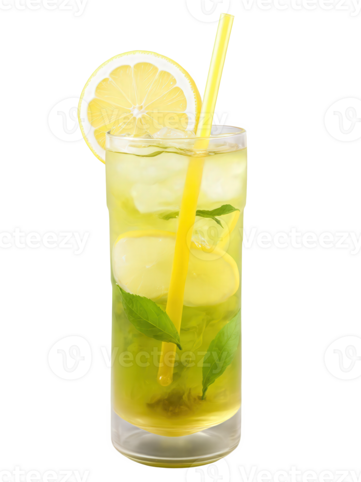 Iced Green Tea Lemonade with green tea, lemon, and honey, soft green and yellow tones, png